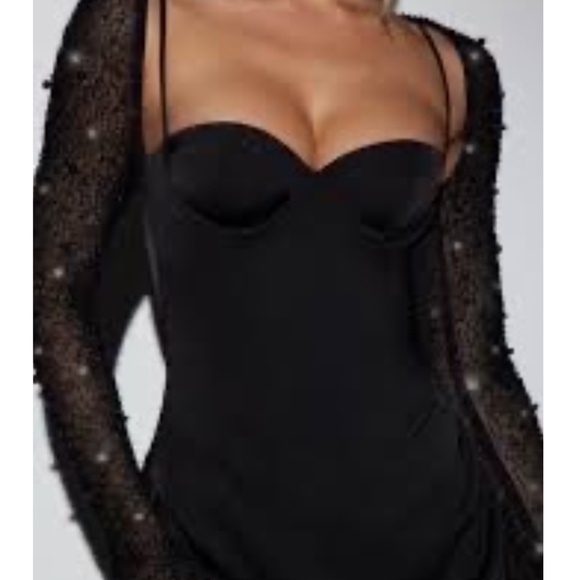 Oh Polly Geneva Mini Dress – Black Satin Beaded Sleeves, Size 2 (A/B Cup) - Picture 2 of 4